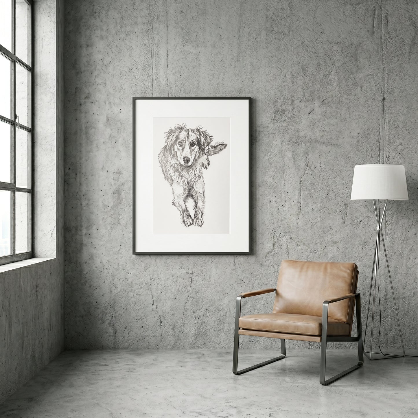 A modern living room mockup featuring a framed custom pet portrait by Silvana Varriale hanging on a concrete wall above a leather chair.