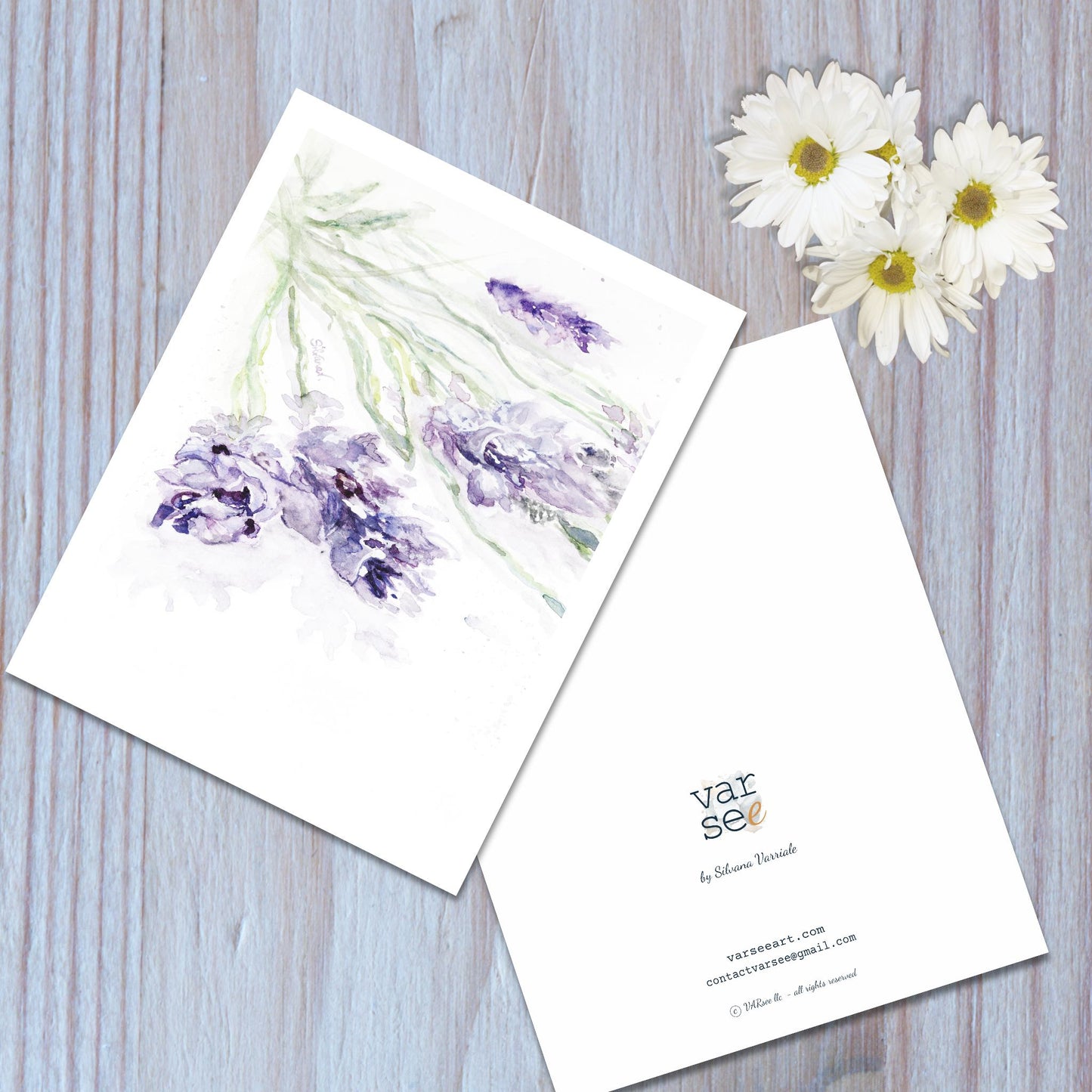 Front and back view of a lavender watercolor art greeting card.