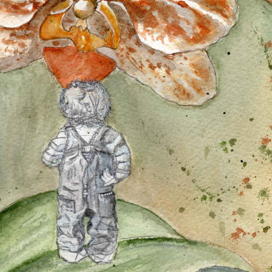 Close-up of a child in black and white standing in blissful stillness, hand bent behind his back, observing a gigantic orchid up close, from the original watercolor painting The Three Sisters by artist Silvana Varriale of VARsee Art.