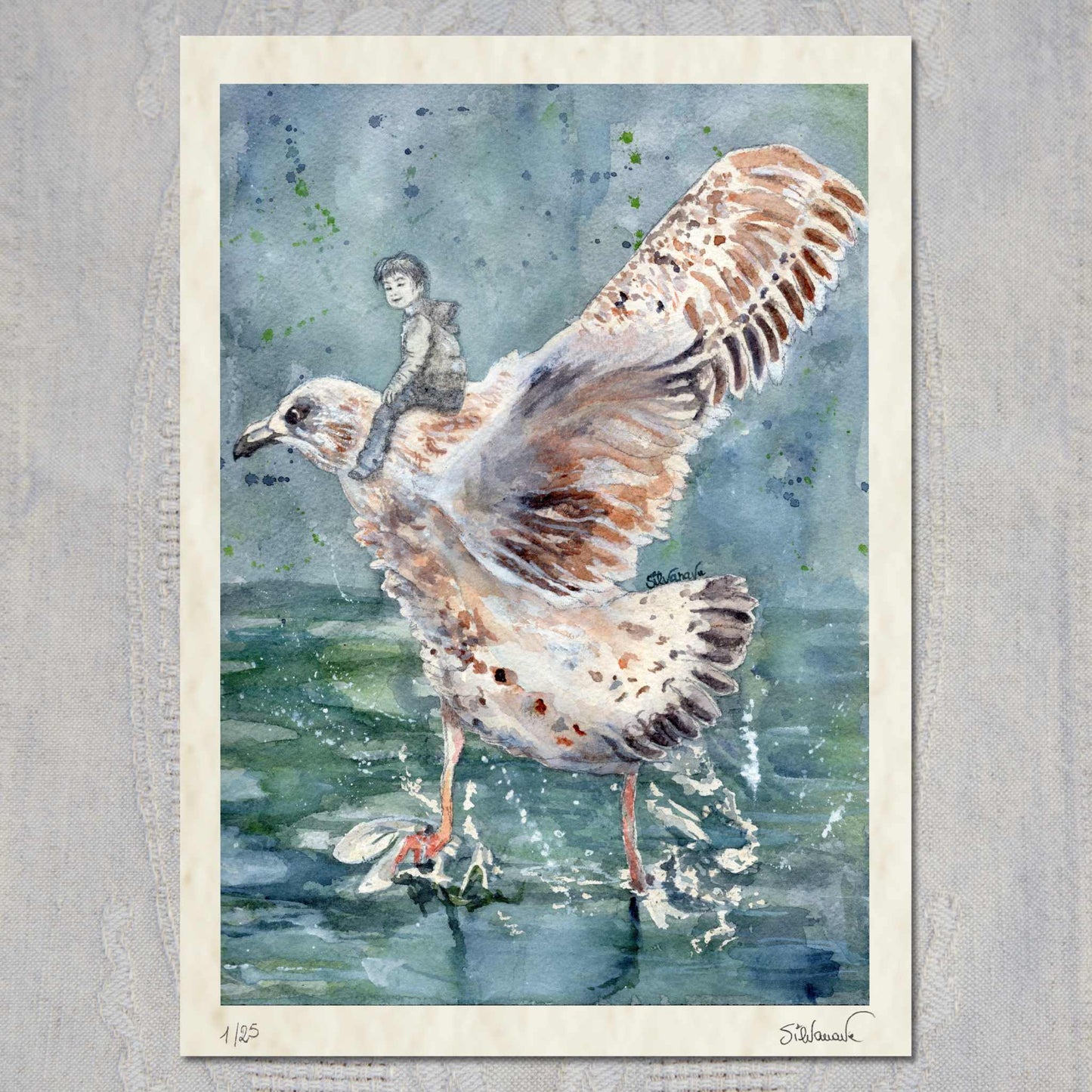 Silvana Varriale watercolor giclée print showing a small figure on the back of a giant seagull which is about to take off, splashing its legs in the sea. The print is signed by the artist and numbered and it's laying flat on a textured surface.