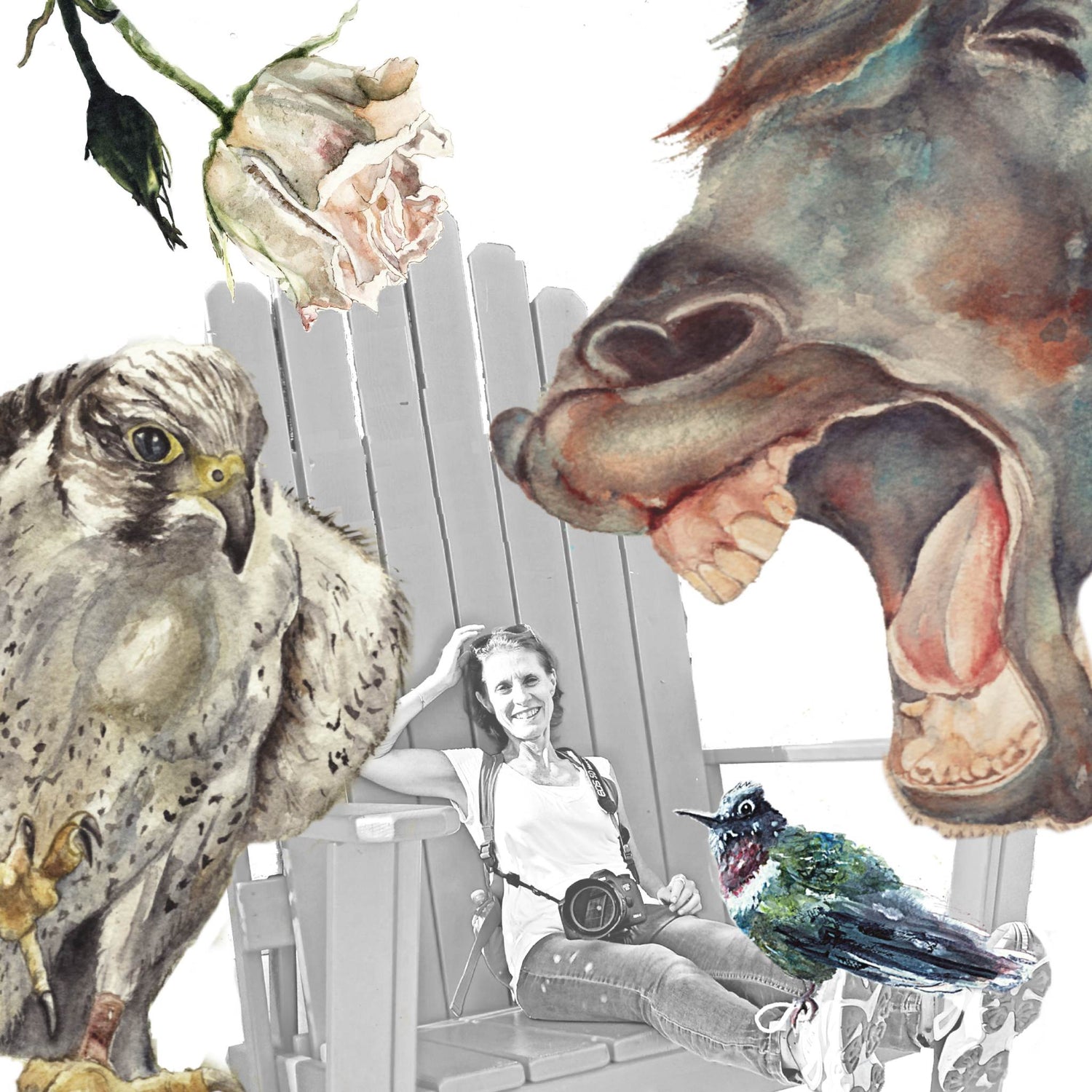 A black-and-white photograph depicting artist Silvana Varriale seated on a large chair, surrounded by oversized, colorful cutout watercolor artworks of a hawk, a horse, a hummingbird, and a rose.