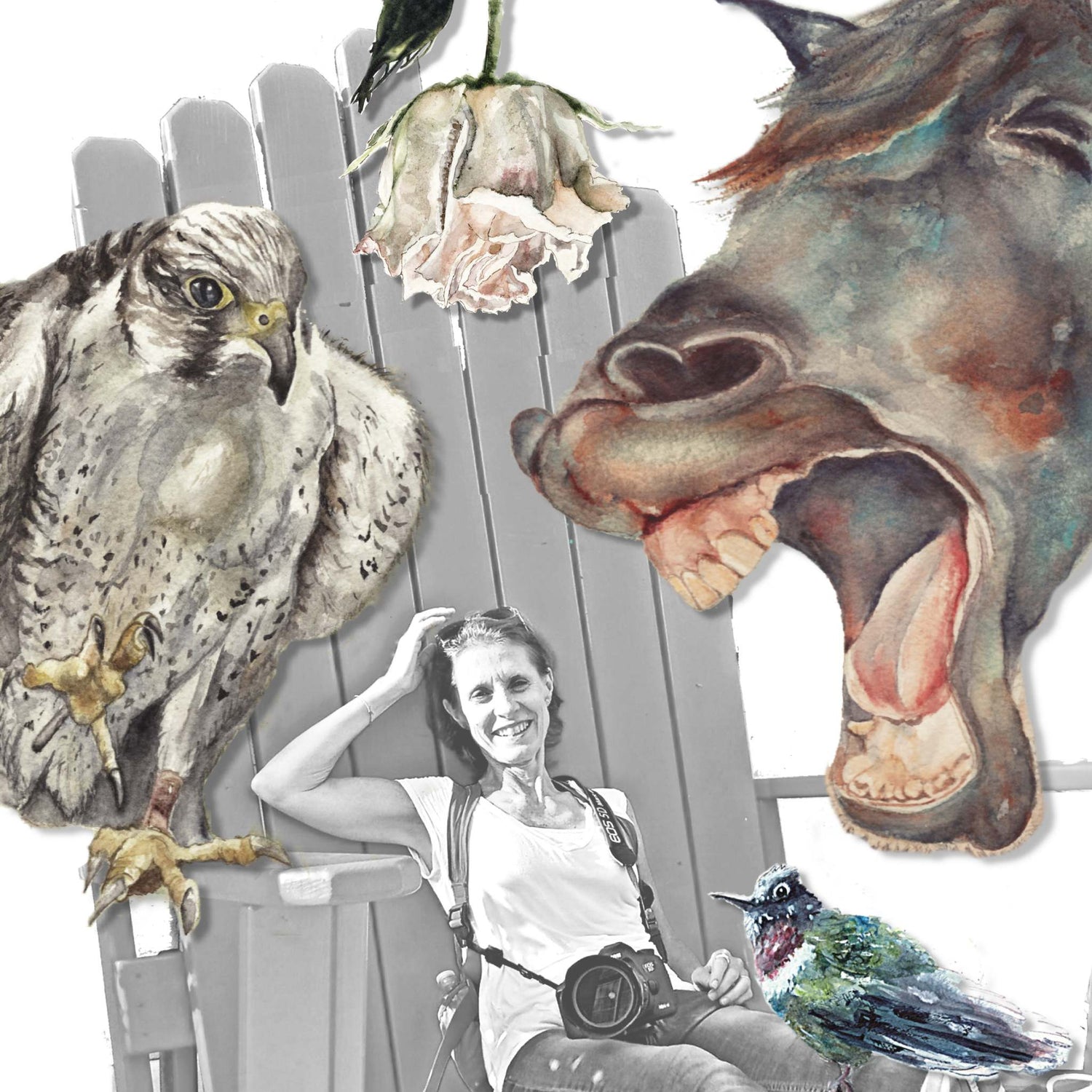 A black-and-white photograph depicting the artist seated on a large chair, surrounded by oversized, colorful cutout watercolor artworks of a hawk, a horse, a hummingbird, and a rose.