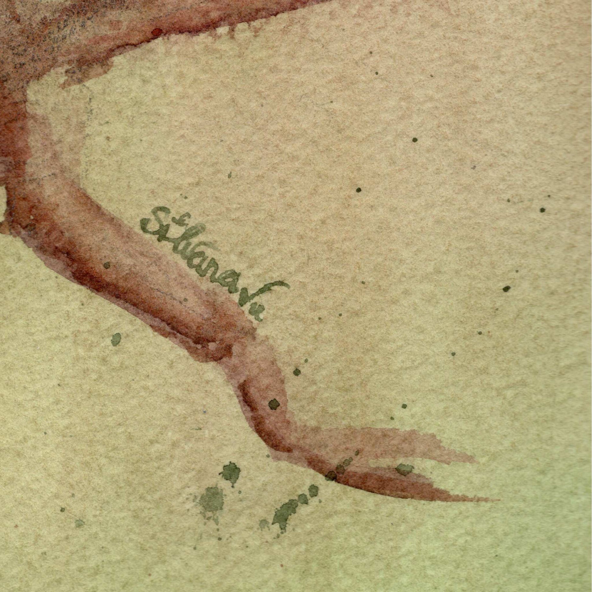 Detail of a branch from the original watercolor painting Branch Dance, with the artist's signature integrated into the branch, by Silvana Varriale of VARsee Art.