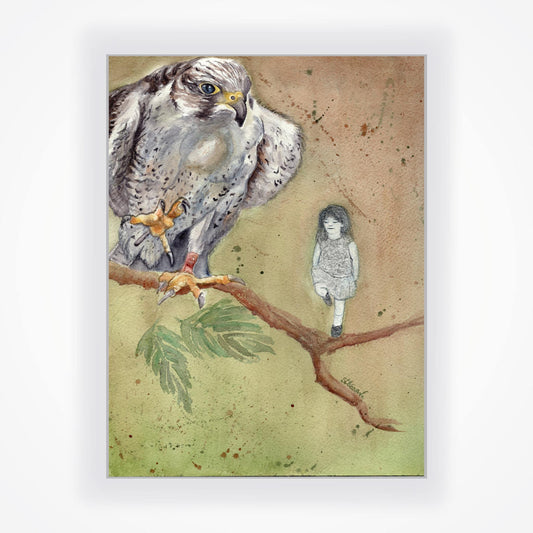 Original watercolor painting of a giant hawk standing on one leg on a branch, its right foot lifted, watching a small black and white figure dancing below on the same branch with one leg raised mid-jump, against a muted green and brown background, by artist Silvana Varriale of VARsee Art.