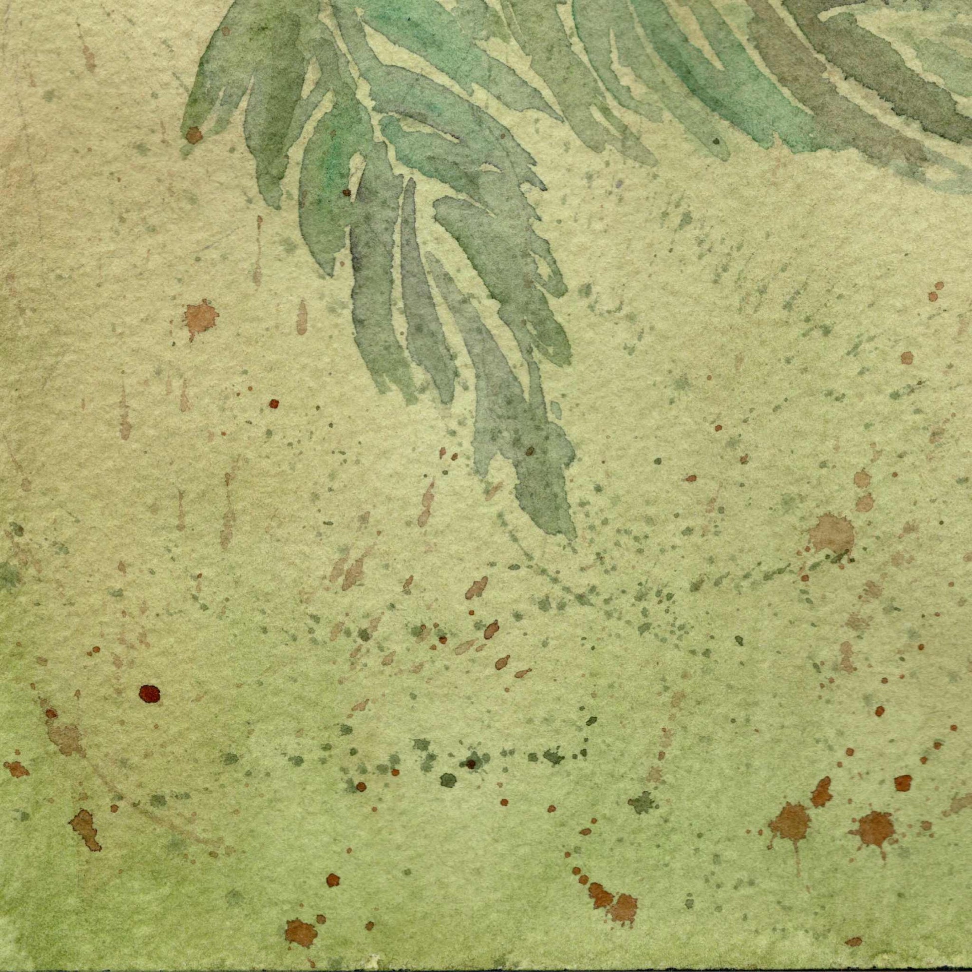 Close-up detail of leaves and muted green gradient background with visible paper grain and watercolor splatters, from the original watercolor painting Branch Dance by artist Silvana Varriale of VARsee Art.