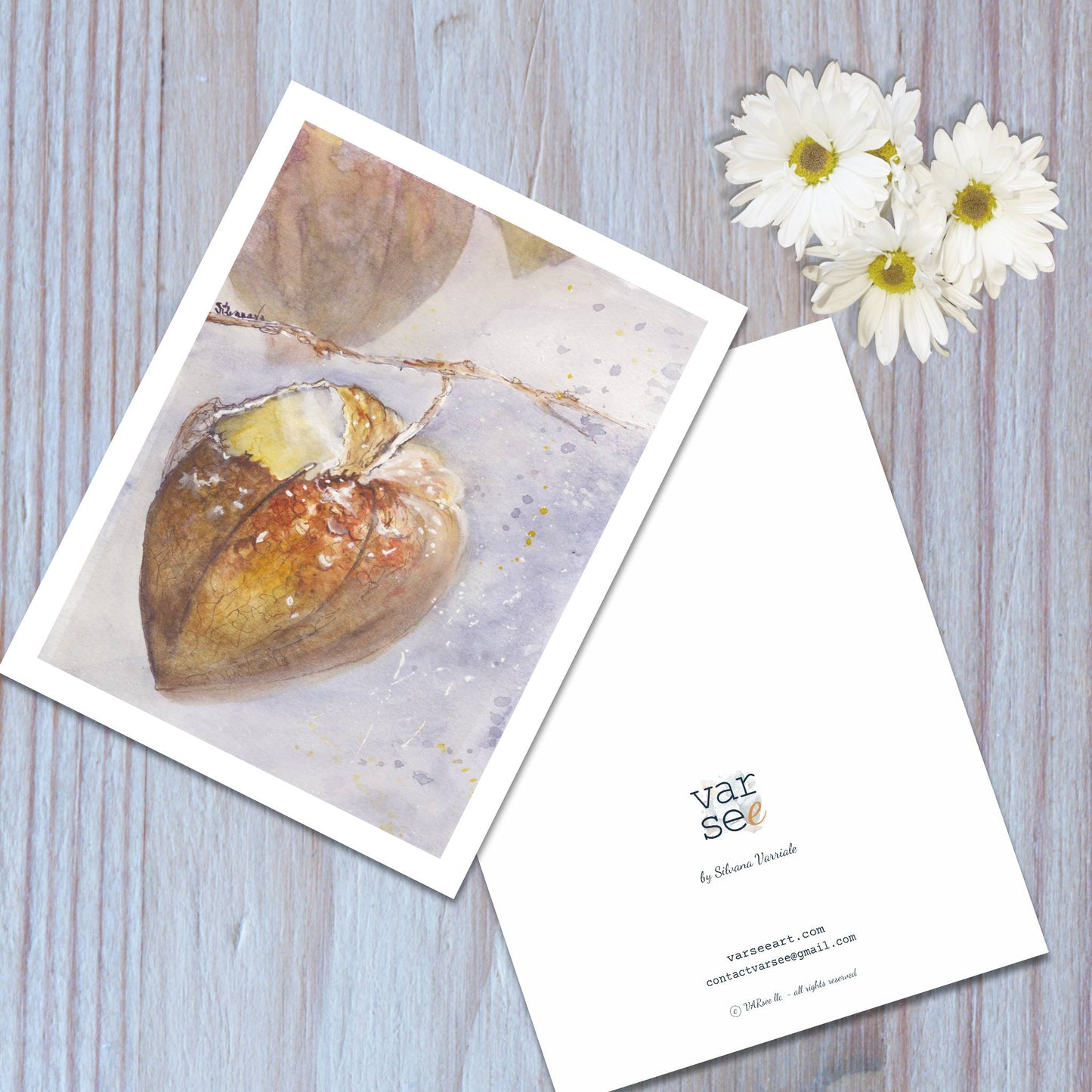 Front and back view of a chinese lantern watercolor art greeting card.