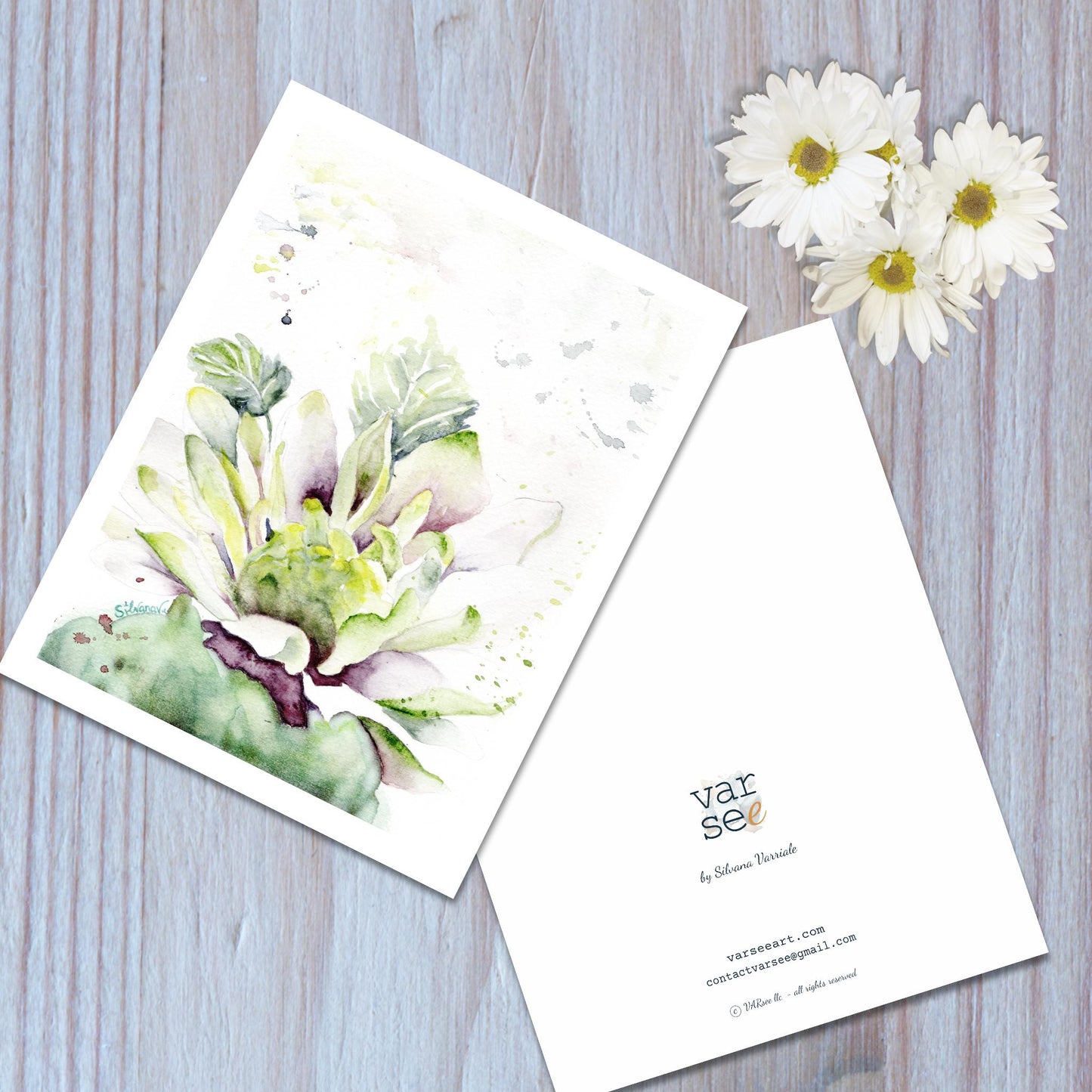 Front and back view of a dahlia watercolor art greeting card.