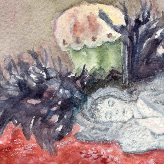 Close-up detail of the black hairy pistil and the head and folded arm of a small black and white figure sleeping peacefully at its base, from the original watercolor painting Flowerbed by artist Silvana Varriale of VARsee Art.