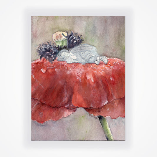 Original watercolor painting of a large muted red poppy flower with rain-weighted petals forming an elegant canopy around its black hairy pistil, sheltering a small black and white figure curled up asleep at its center, against a muted green and red background with a visible green stem, by artist Silvana Varriale of VARsee Art.