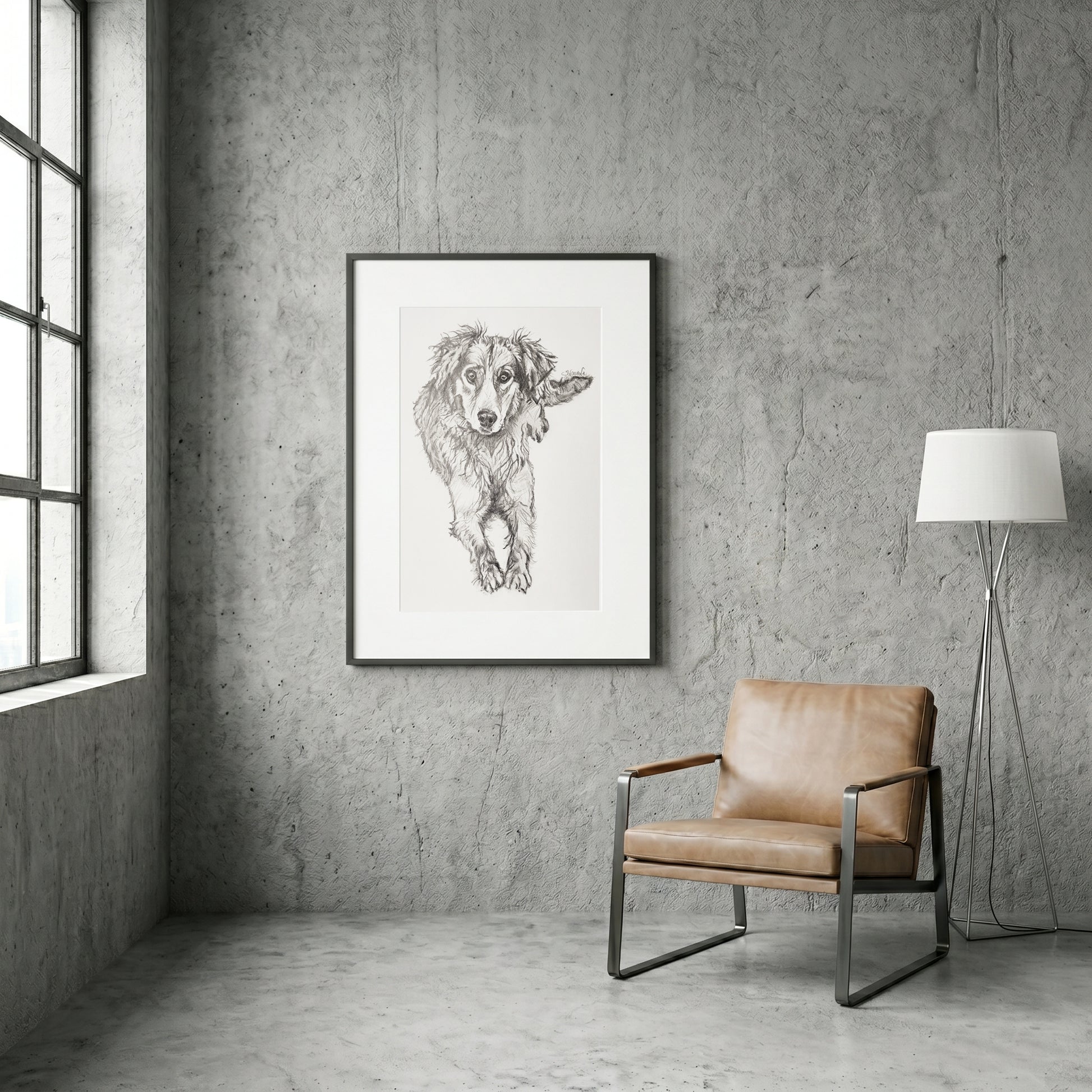 A modern living room mockup featuring a framed custom pet portrait by Silvana Varriale hanging on a concrete wall above a leather chair.