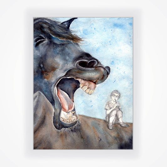 Original watercolor painting of a gigantic dark blue and brown horse filling the left side of the composition, head turned back with mouth wide open showing its teeth, while a small black and white figure sits on its back playing a flute, eyes turned toward the horse, against a sky blue background with white spots, by artist Silvana Varriale of VARsee Art.