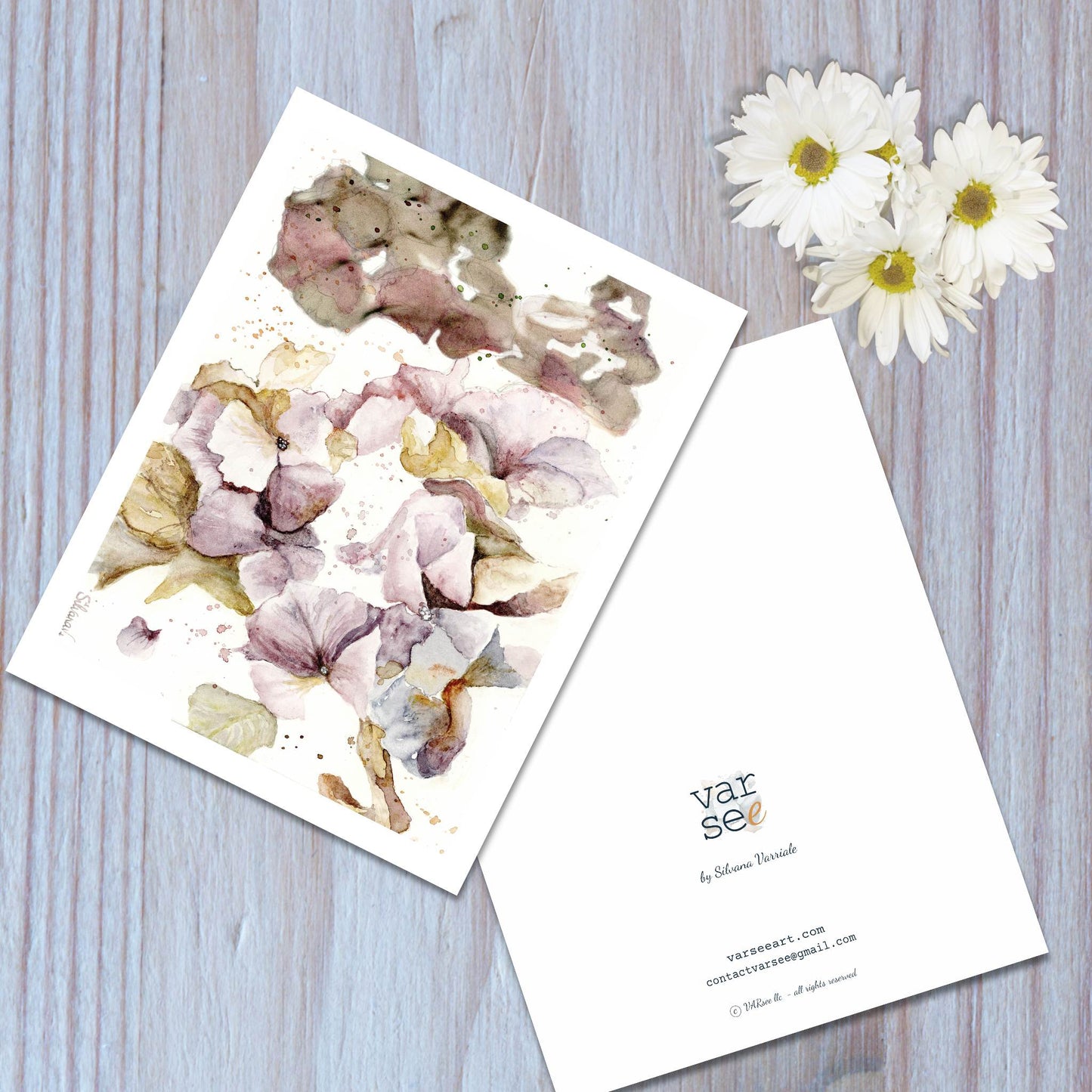 Front and back view of a hydrangea  watercolor art greeting card.