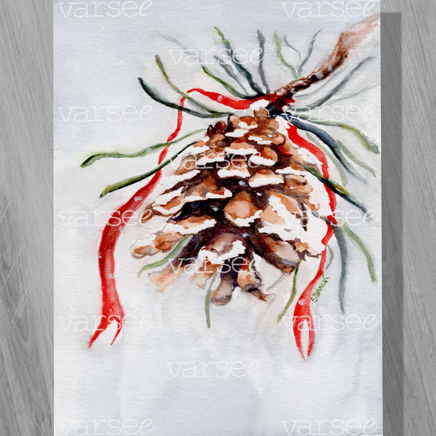 High-resolution scan of an original watercolor painting of a pinecone decorated with a red ribbon.