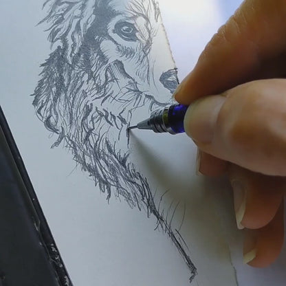 A macro process video showcasing Silvana Varriale meticulously rendering the fine fur textures on the body and paws of a dog portrait. Using sharp graphite pencils, the artist builds layers of realistic depth and shadow, illustrating the technical precision involved in creating a varsee original artwork from a reference photo.