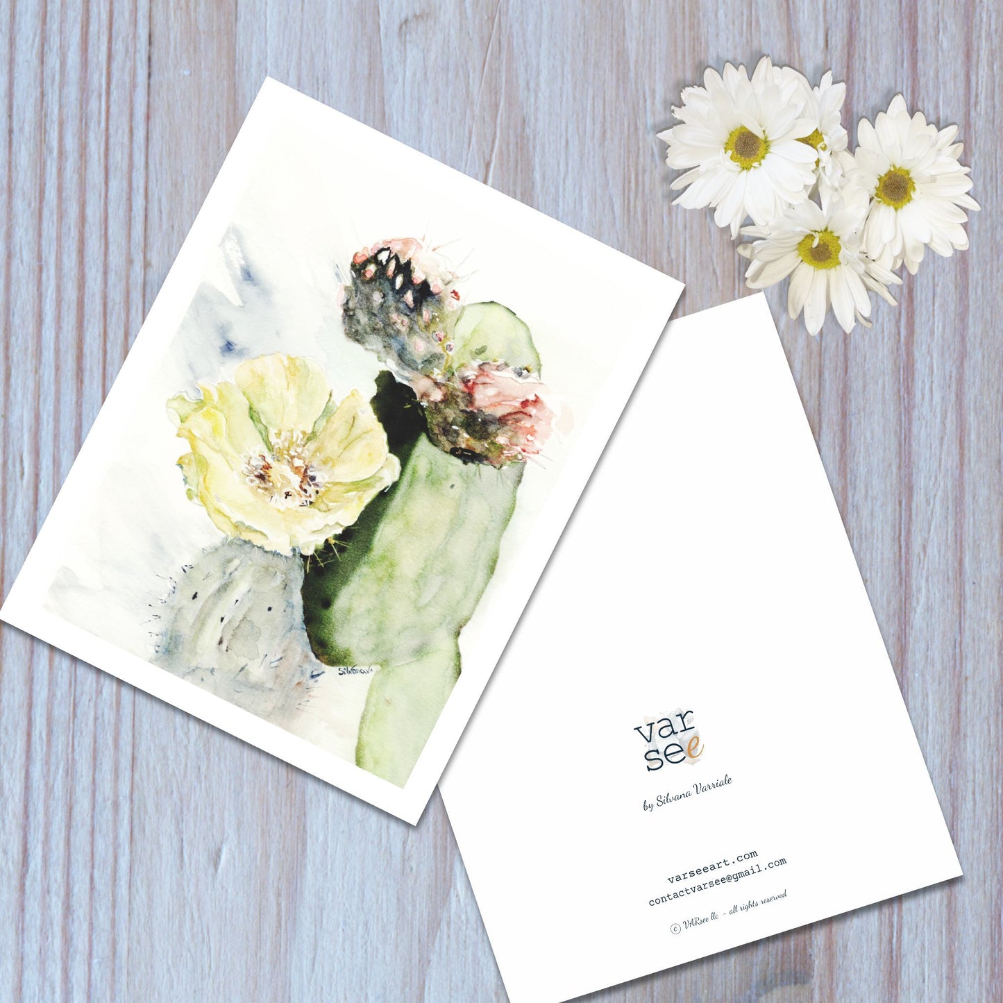 Front and back view of a prickly pear watercolor art greeting card.