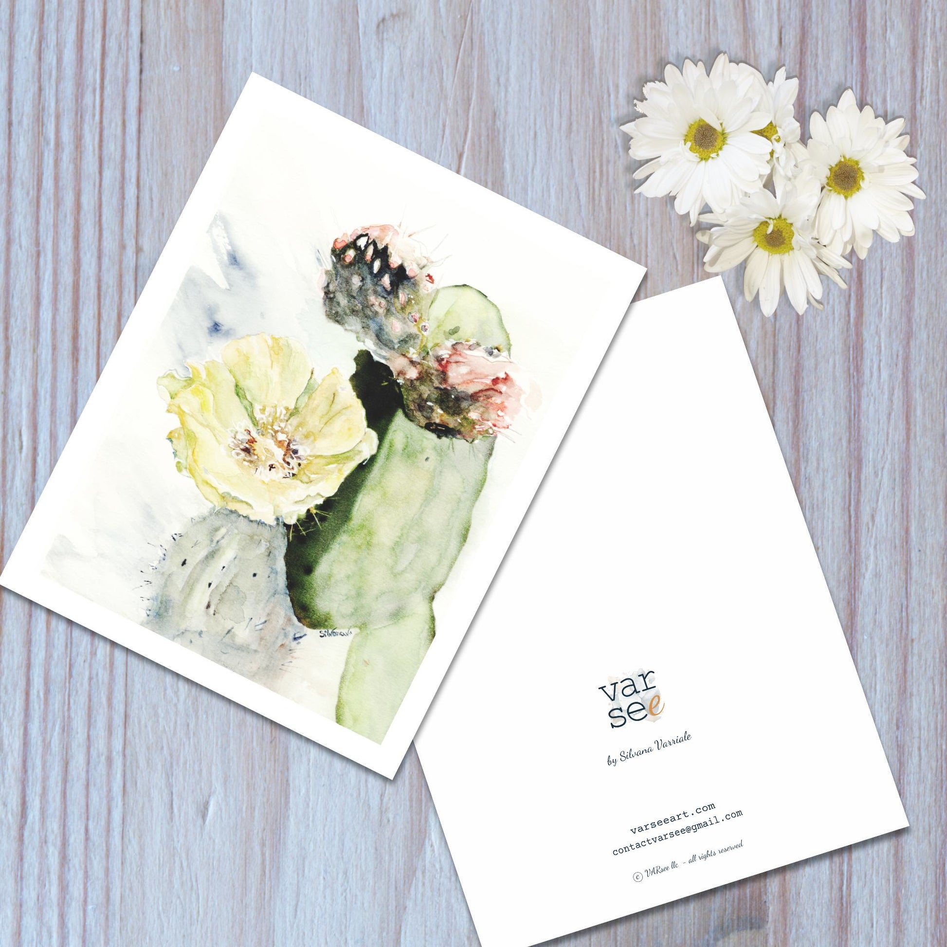 Front and back view of a prickly pear watercolor art greeting card.