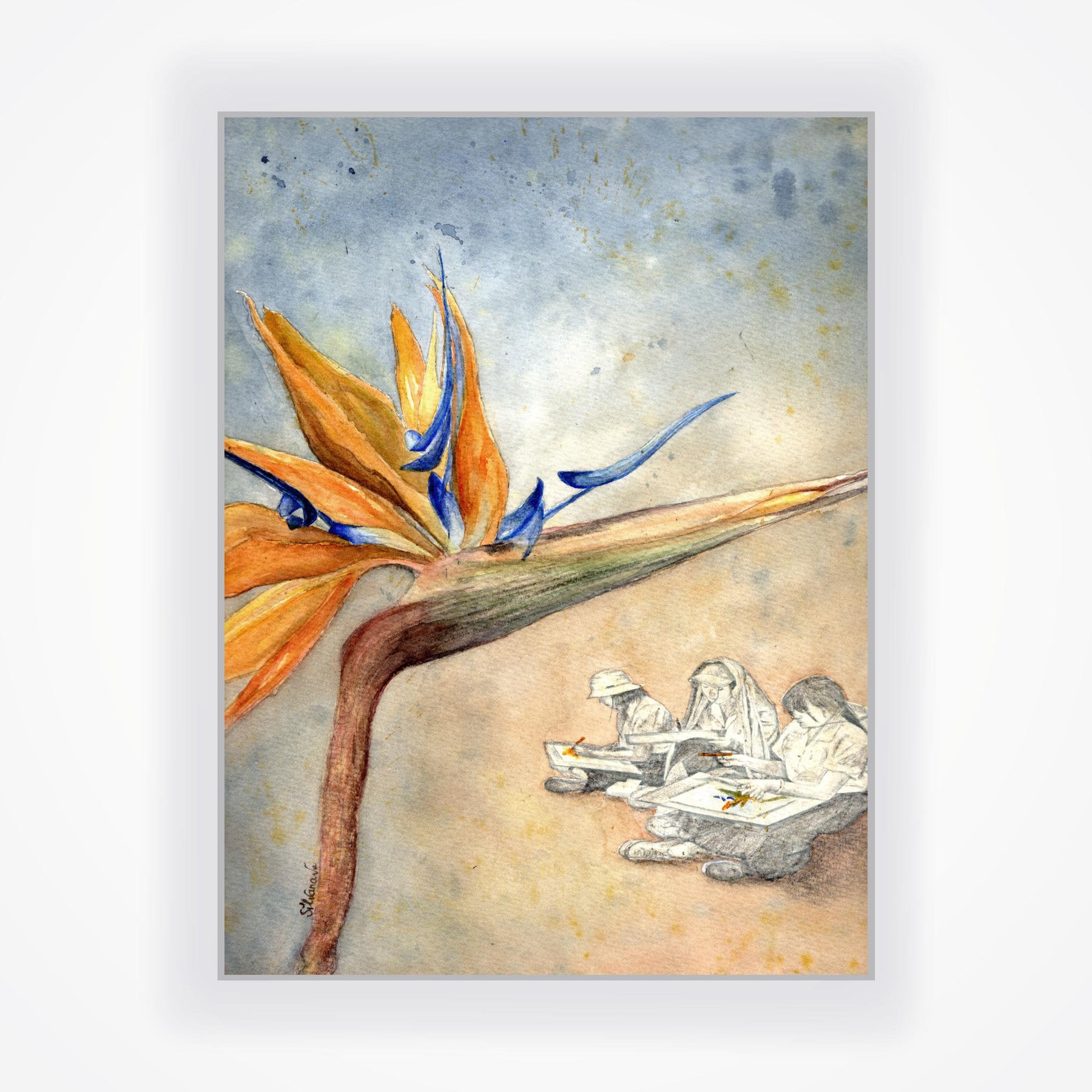 Original watercolor painting of a giant blue and orange bird of paradise flower dominating the left and centre of the composition, with three small black and white student figures sitting on the right, drawing pads open on their laps showing traces of the same blue and orange hues, against a gradient blue and orange background, by artist Silvana Varriale of VARsee Art