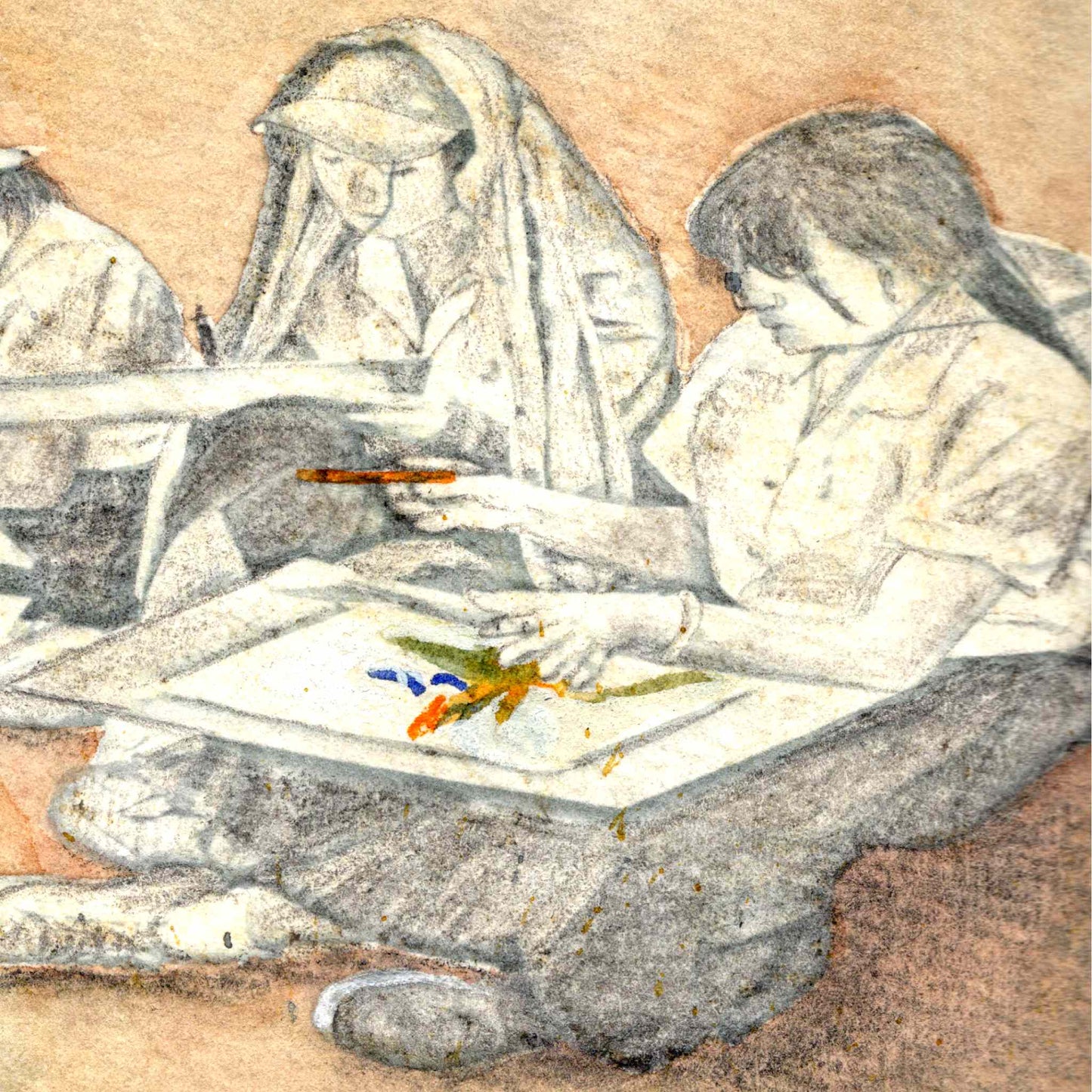 Close-up detail of three small black and white student figures sitting with drawing pads open on their laps, sketching the bird of paradise flower, from the original watercolor painting Sketching Paradise by artist Silvana Varriale of VARsee Art.