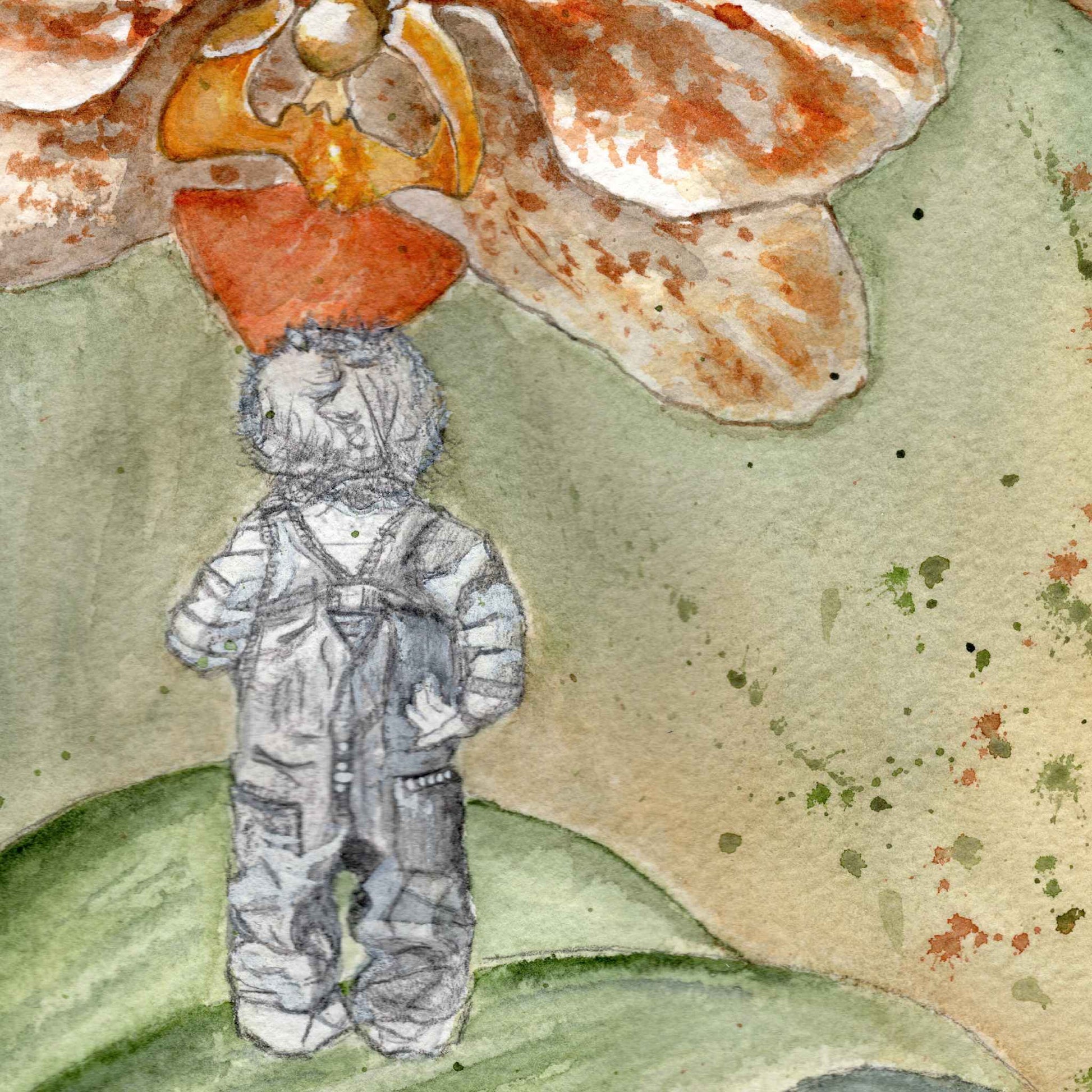 Close-up of a child in black and white standing in blissful stillness, hand bent behind his back, observing a gigantic orchid up close, from the original watercolor painting The Three Sisters by artist Silvana Varriale of VARsee Art.