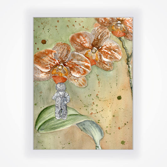 Original watercolor painting of three orange orchids leaning over a small child standing on an orchid leaf, painted in muted oranges, yellows and greens on rough-textured cotton paper, by artist Silvana Varriale of VARsee Art.