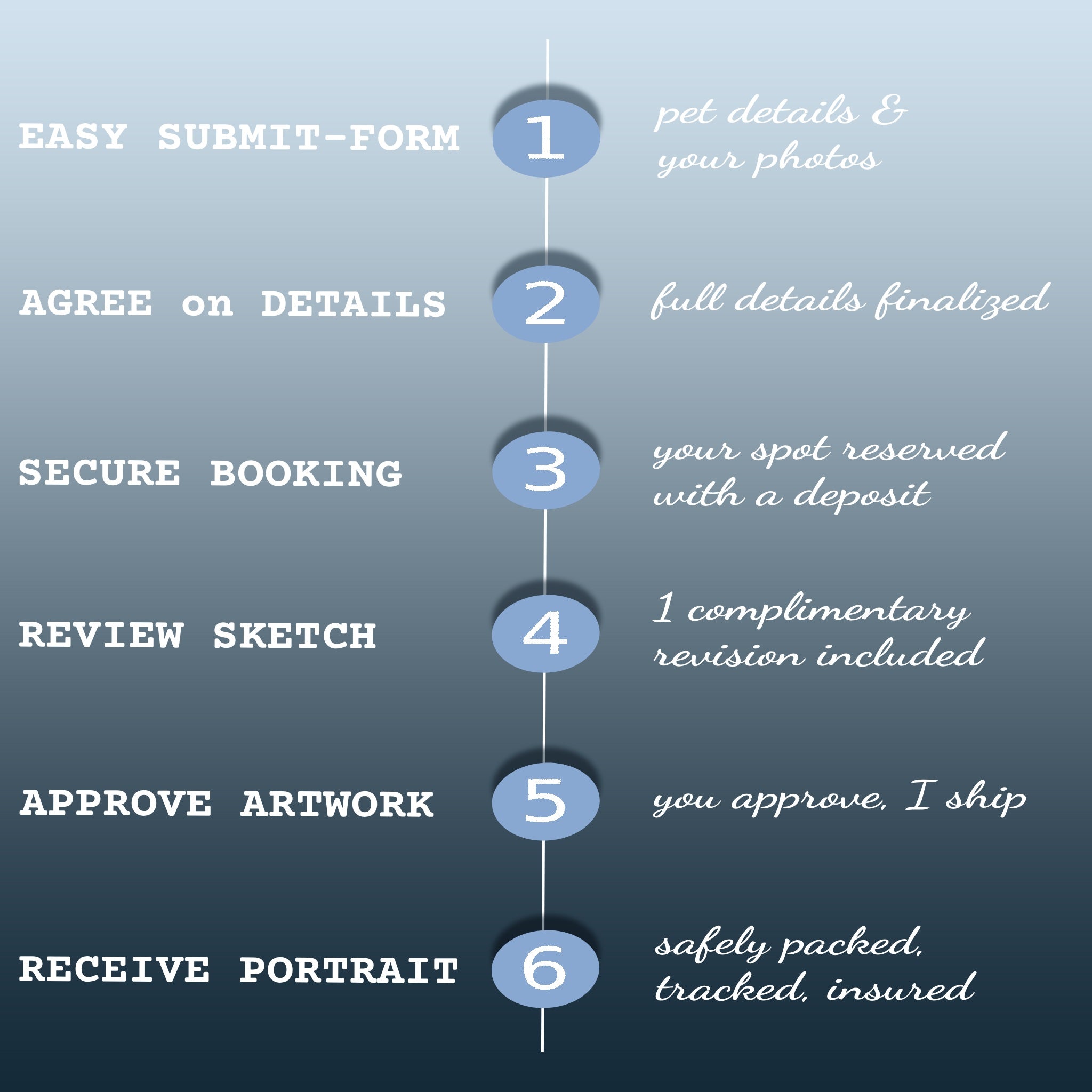 Step-by-step process for submitting a portrait order with numbered steps on a blue background