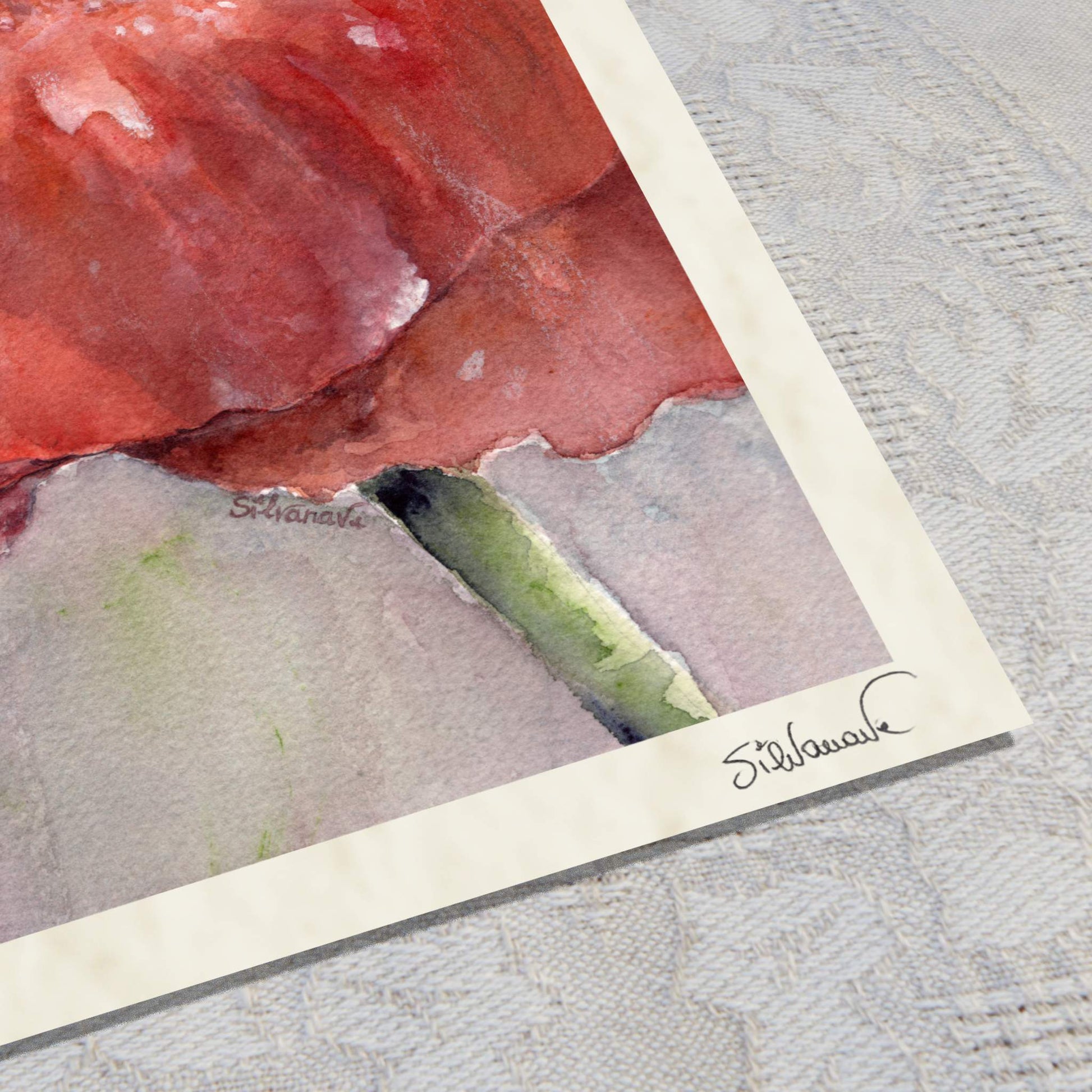 Giclée print corner detail of the artist's signature on archival Hahnemühle paper edge. The print is "flowerbed" by Silvana Varriale of VARsee Art.