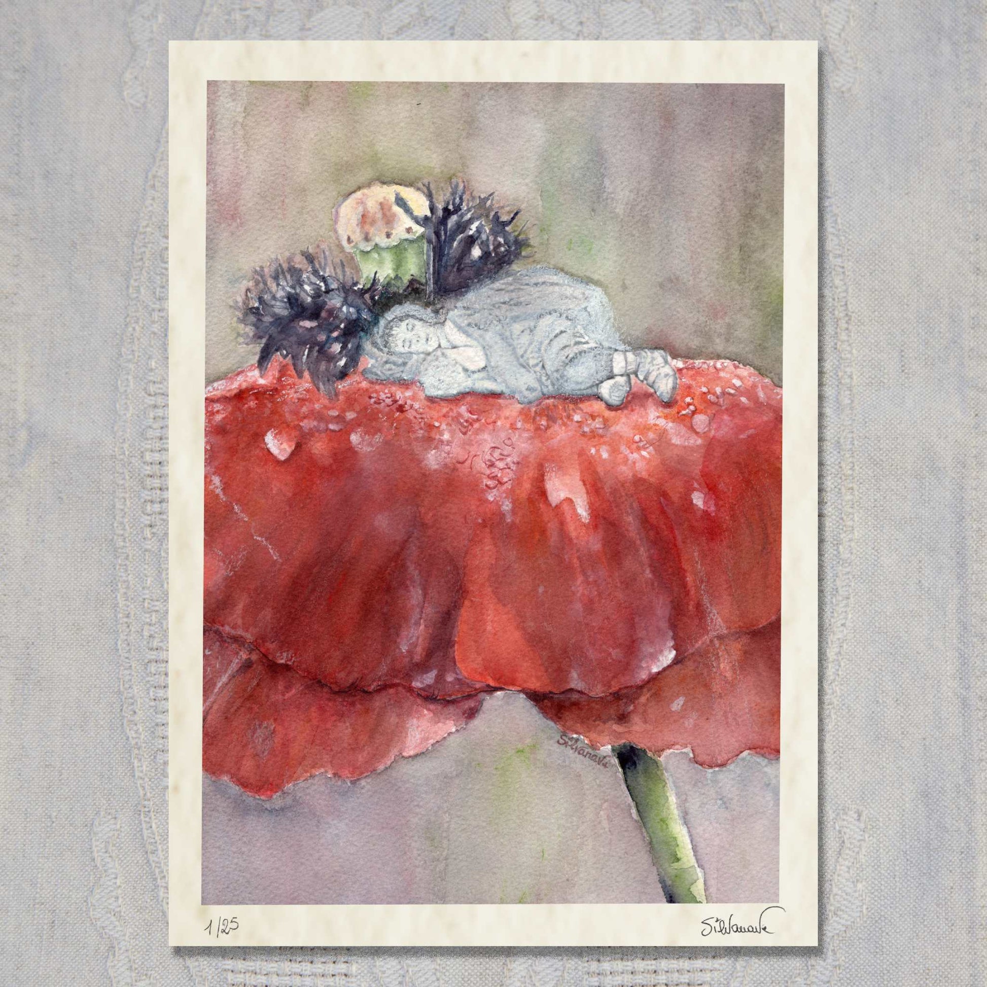 Silvana Varriale watercolor giclée print showing a small figure sleeping on a large red poppy. The print is signed by the artist and numbered and it's laying flat on a textured surface.