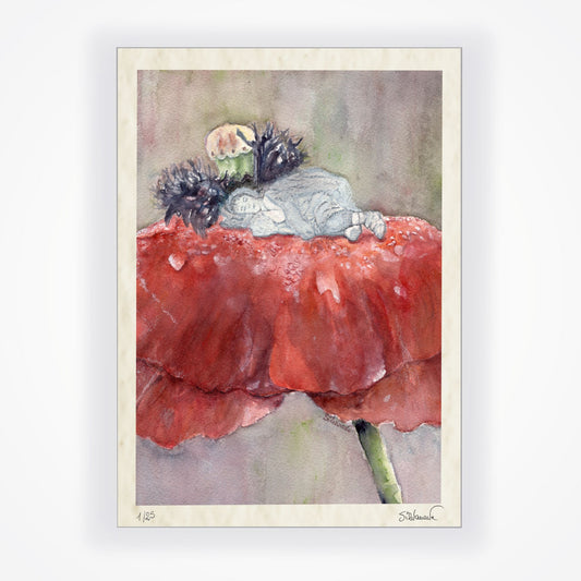 Unframed giclée print of "flowerbed" featuring a figure sleeping on top of a giant red poppy. The print is hand-signed by artist Silvana Varriale and numbered as limited edition.