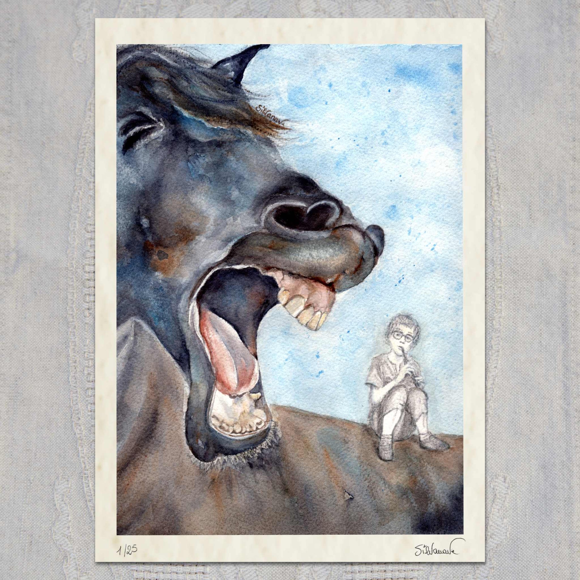 Silvana Varriale watercolor giclée print showing a small figure playing flute on a large horse with its mouth wide open. The print is signed by the artist and numbered and it's laying flat on a textured surface.