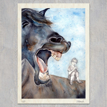 Silvana Varriale watercolor giclée print showing a small figure playing flute on a large horse with its mouth wide open. The print is signed by the artist and numbered and it's laying flat on a textured surface.