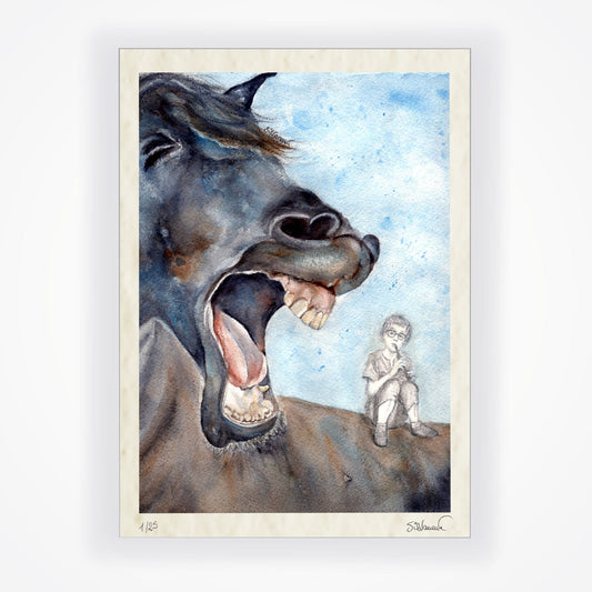 Unframed giclée print of "horse voice" featuring a figure playing a flute on a giant horse with its mouth wide open. The print is hand-signed by artist Silvana Varriale and numbered as limited edition. 