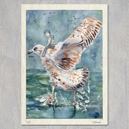 Silvana Varriale watercolor giclée print showing a small figure on the back of a giant seagull which is about to take off, splashing its legs in the sea. The print is signed by the artist and numbered and it's laying flat on a textured surface.