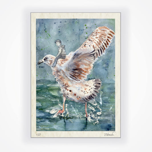 Unframed giclée print of "wingspan Airlines" featuring a figure riding a seagull, print is hand-signed by artist Silvana Varriale and numbered as limited edition.