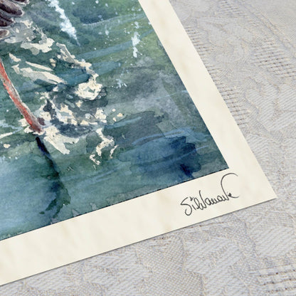 Giclée print corner detail of the artist's signature on archival Hahnemühle paper edge. The print is "wingspan airlines" by Silvana Varriale of VARsee Art.