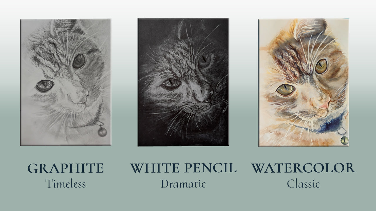 Three pet portrait styles by VARsee Art Philadelphia: Graphite pencil on white paper — Timeless; White pencil on black paper — Dramatic; Watercolor — Classic