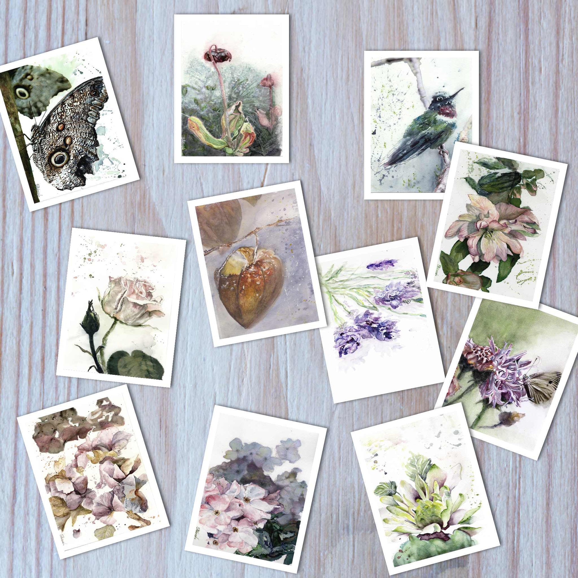 Top view of a set of 12 botanical watercolor greeting cards, arranged neatly to show each unique design.