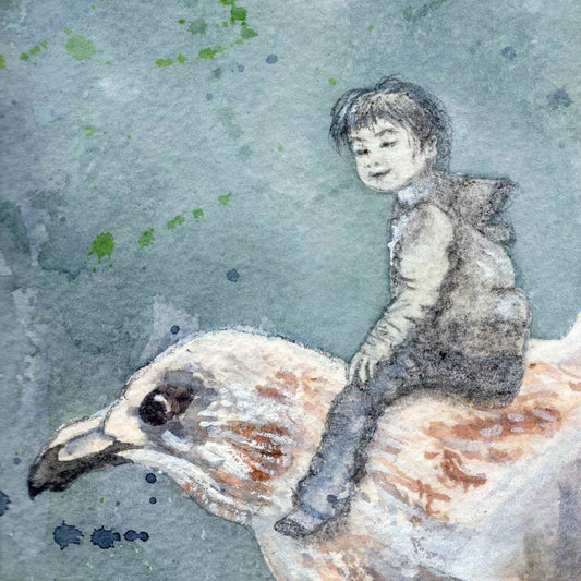 Close-up detail of a small black and white figure sitting astride the seagull's neck, one leg across the bird and hand resting on their thigh, from the original watercolor painting Wingspan Airlines by artist Silvana Varriale of VARsee Art.