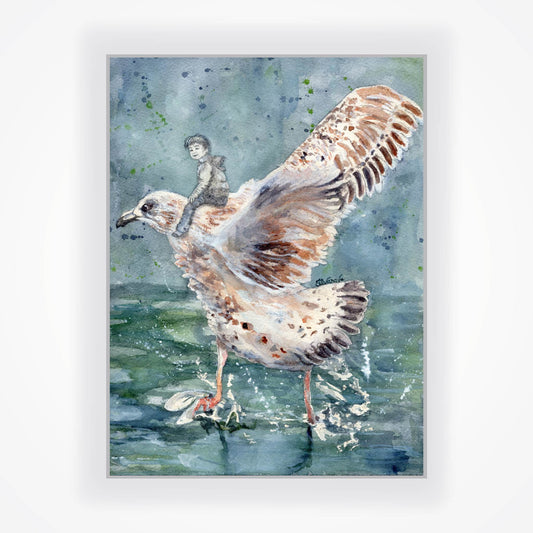 Original watercolor painting of a large seagull in left profile about to take off from the sea, feet splashing water, with a small black and white figure sitting astride its neck, one leg across the bird, hand resting on their thigh, against a deep petrol blue background with dark blue sea, by artist Silvana Varriale of VARsee Art.